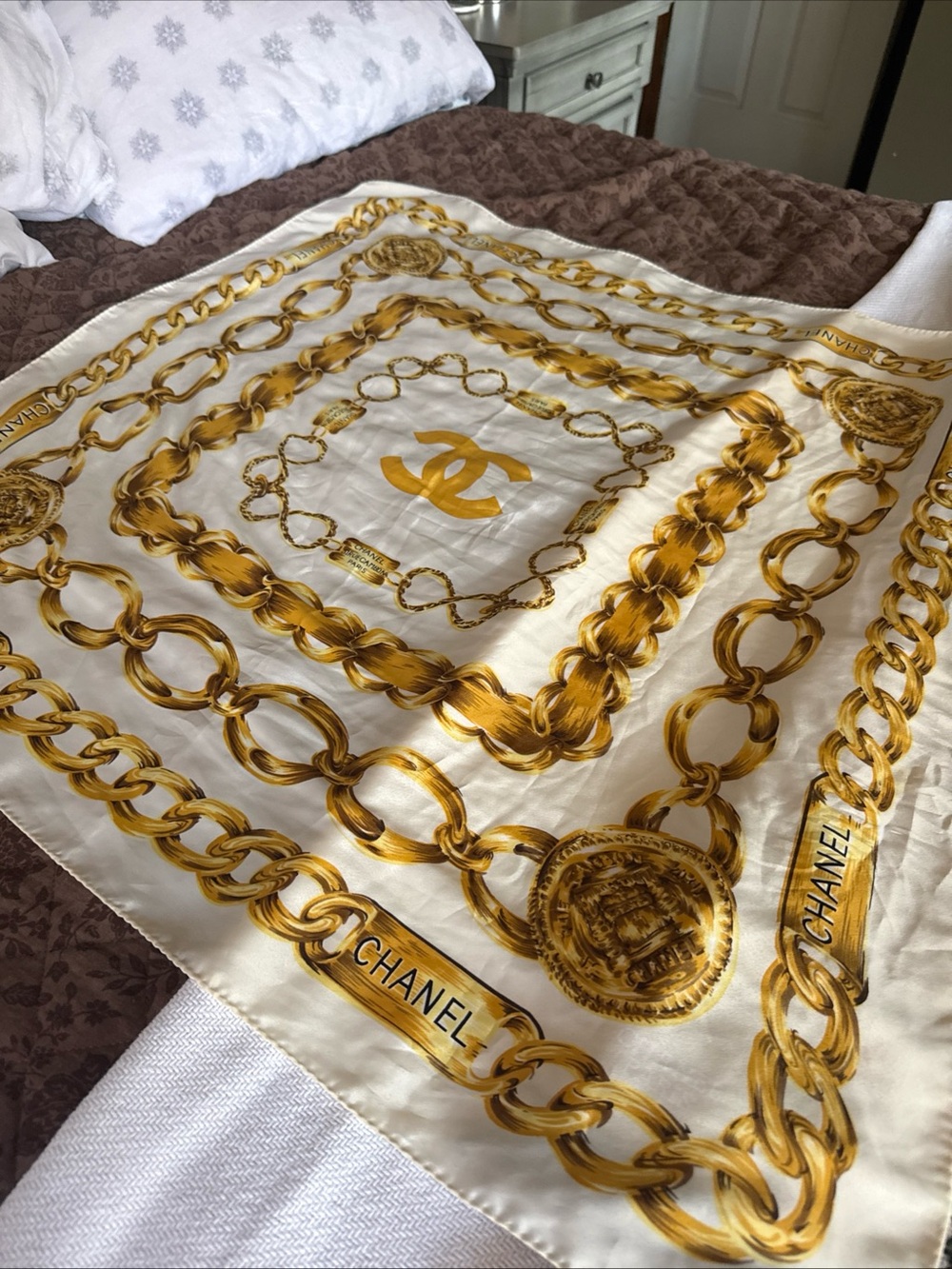 CHANEL Ivory Silk Scarf with Gold Chain Motif 33x33